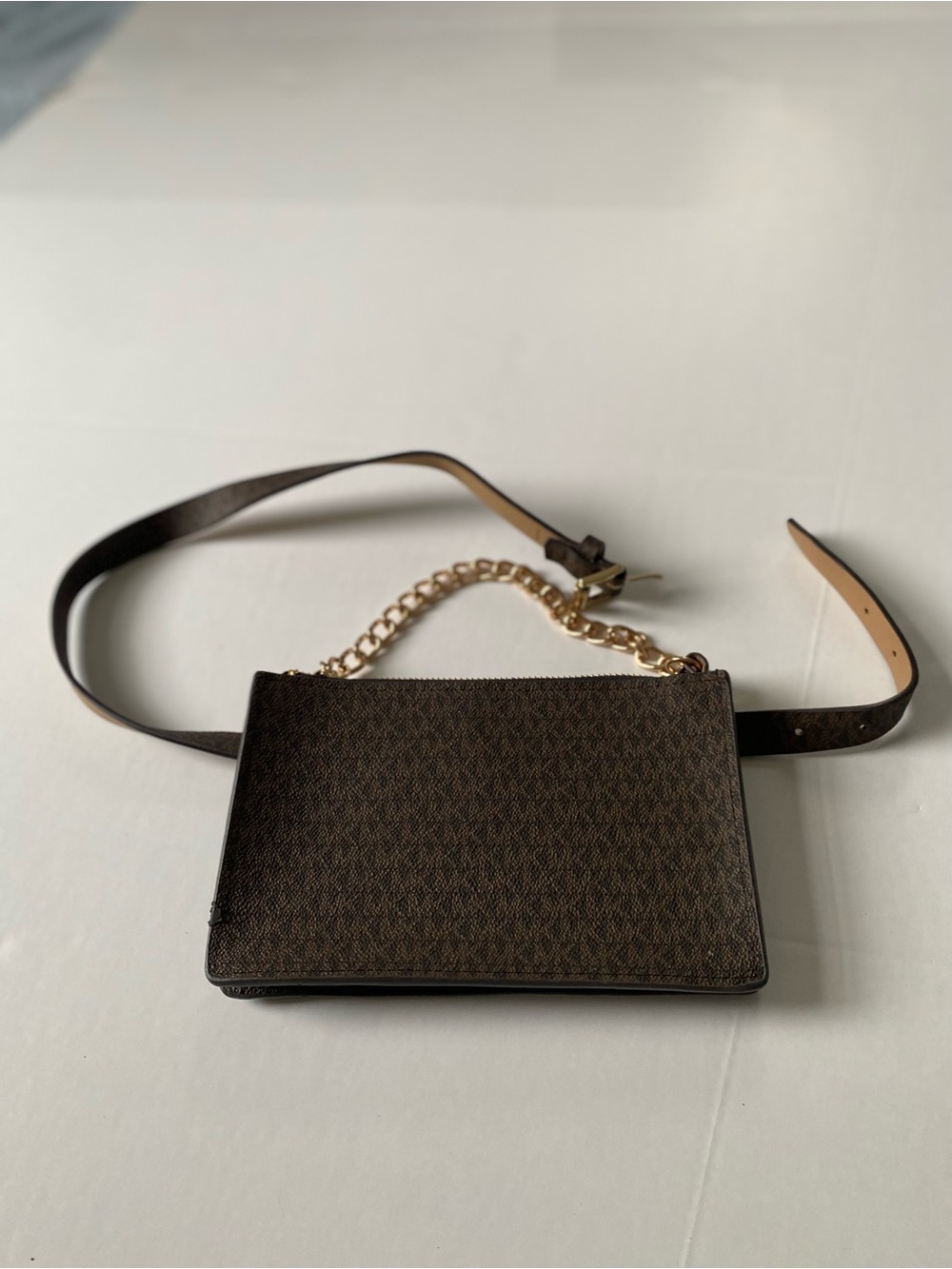 Michael Kors Brown Signature Monogram Crossbody with Gold Chain